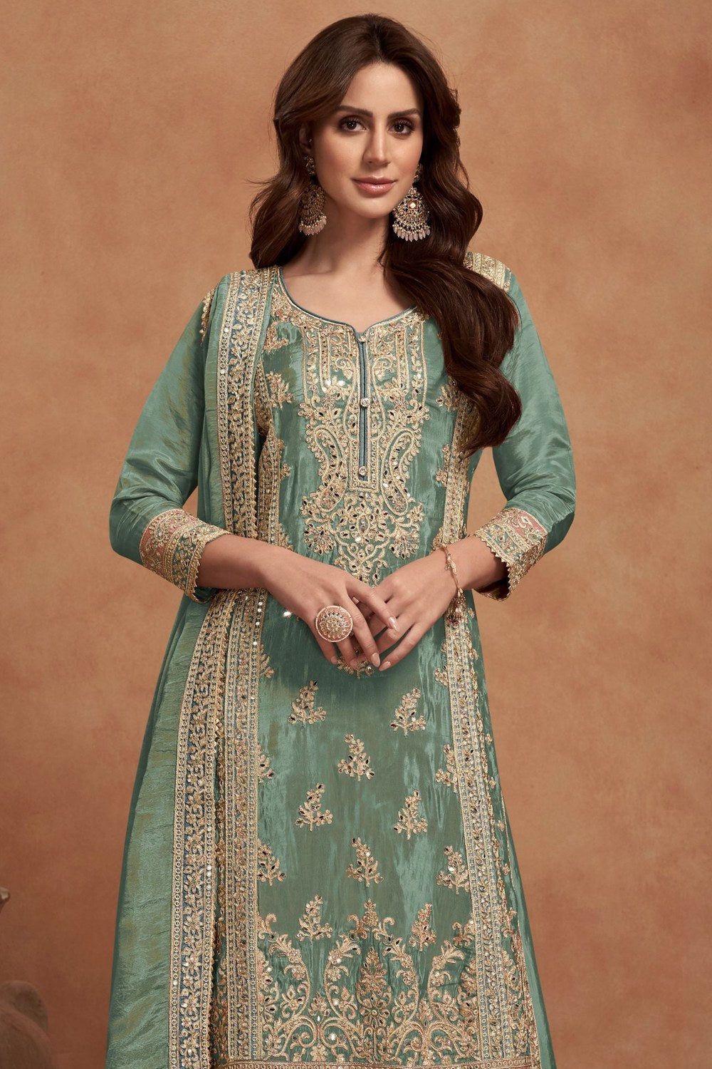Dusty Green Simar Silk Plazo Suit For Indian Festivals & Weddings - Embroidery Work - close-up view