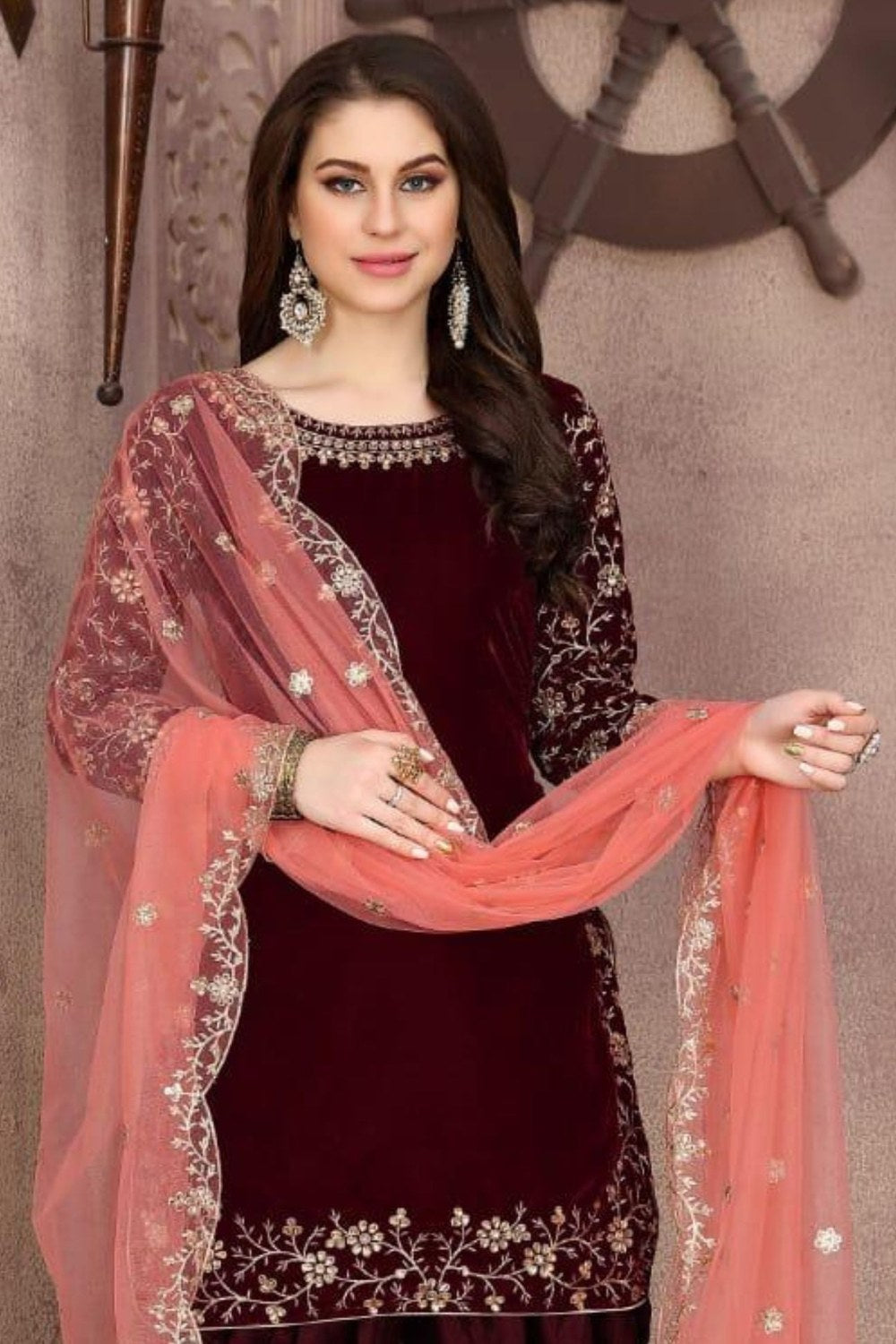 Maroon Velvet Punjabi Patiyala Suit For Indian Festivals For Indian Festivals & Weddings - Embroidery Work - close-up view