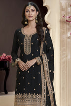 Black Chinon Silk Palazzo Suit For Indian Wedding & Pakistani Festival - Embroidery Work - close-up view