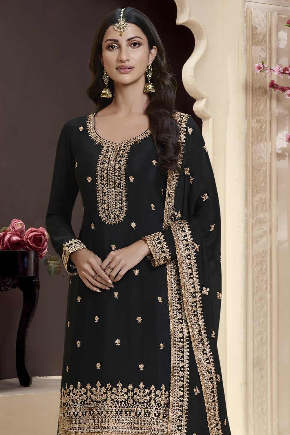 Black Chinon Silk Palazzo Suit For Indian Wedding & Pakistani Festival - Embroidery Work - close-up view