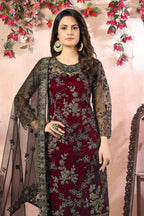 Maroon Net Traditional Pakistani Clothing Kameez with Pant - close-up view