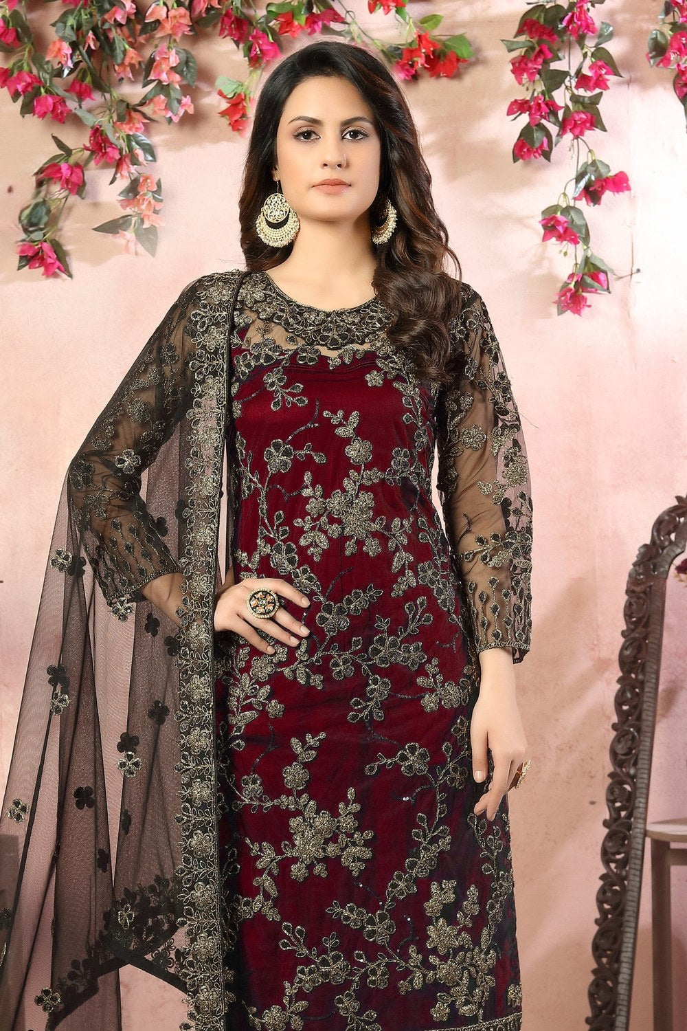 Maroon Net Traditional Pakistani Clothing Kameez with Pant - close-up view