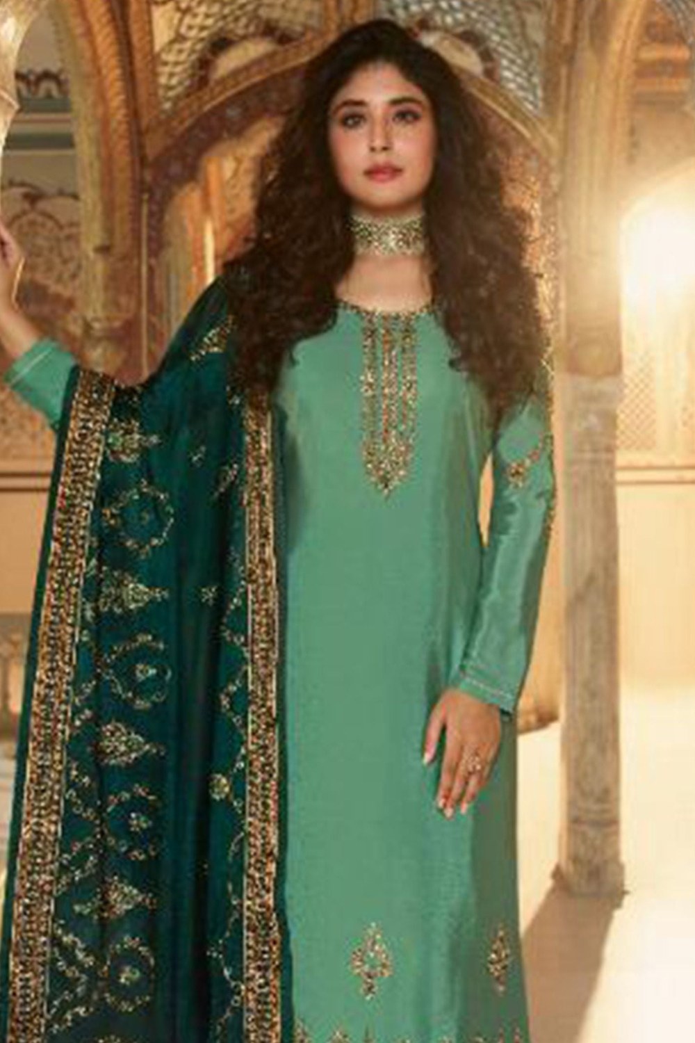 Dark Pista Satin Kameez with Plazzo Suit For Indian Festivals & Pakistani Weddings - Thread Embroidery Work, Sequence Embroidery Work - close-up view