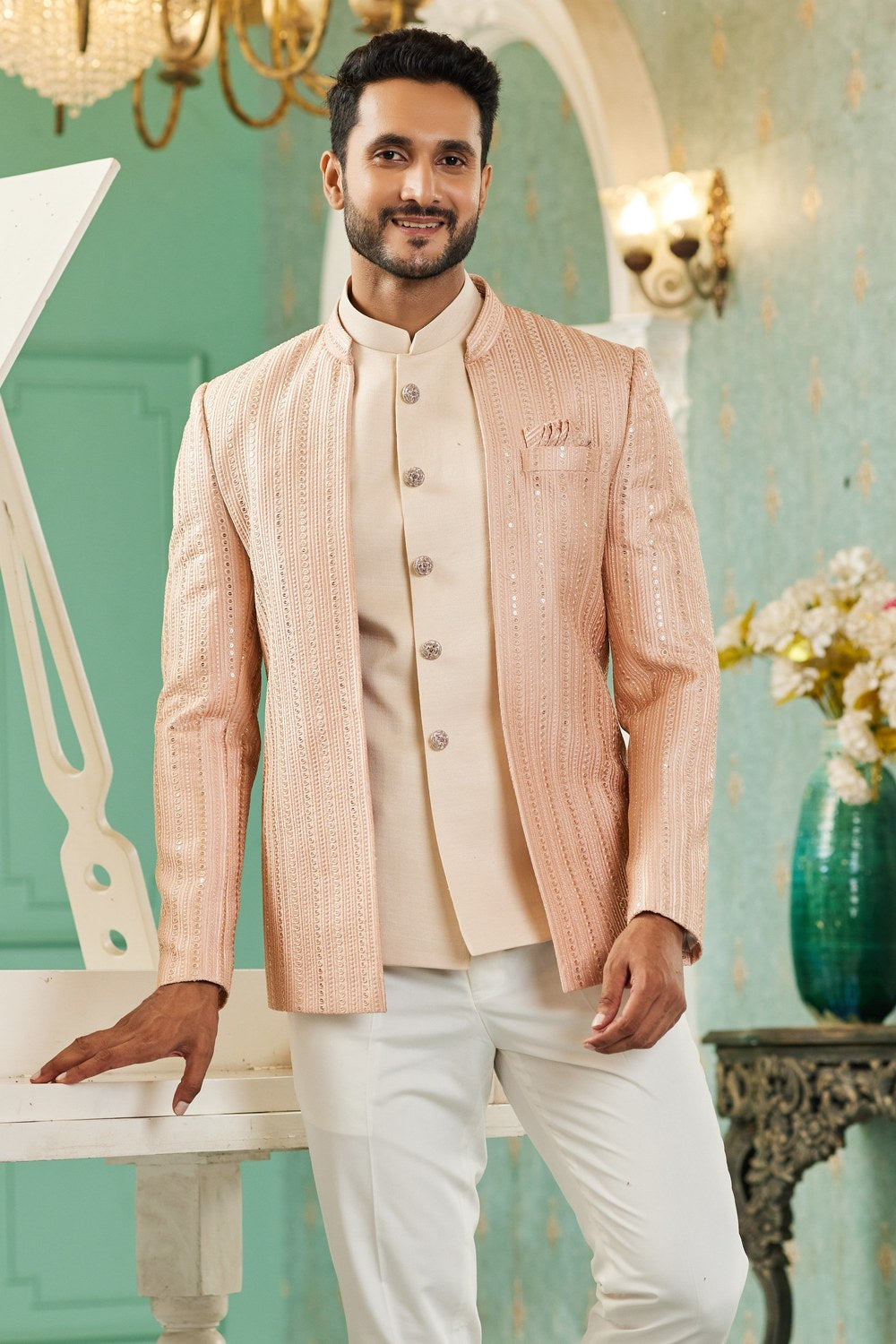 Peach Art Silk Traditional Jodhpuri Suits with Jacket & Pant for Men for Wedding - Thread Embroidery Work - close-up view