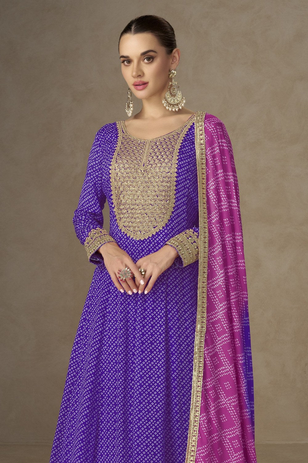 Purple Chinon Silk Anarkali with Bandhani Dupatta - Sequins Work - close-up view