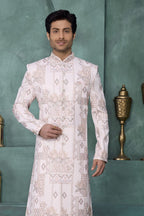 Pinkish Cream Wedding Kurta for Men & Pajama - Embroidered Sherwani - close-up view