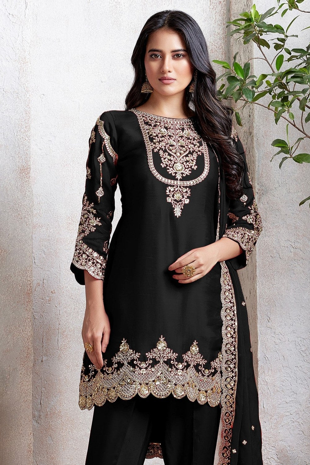 Black Georgette Kameez With Dhoti Suit For Indian & Pakistani Wedding Festival - Thread & Sequence Embroidery - close-up view