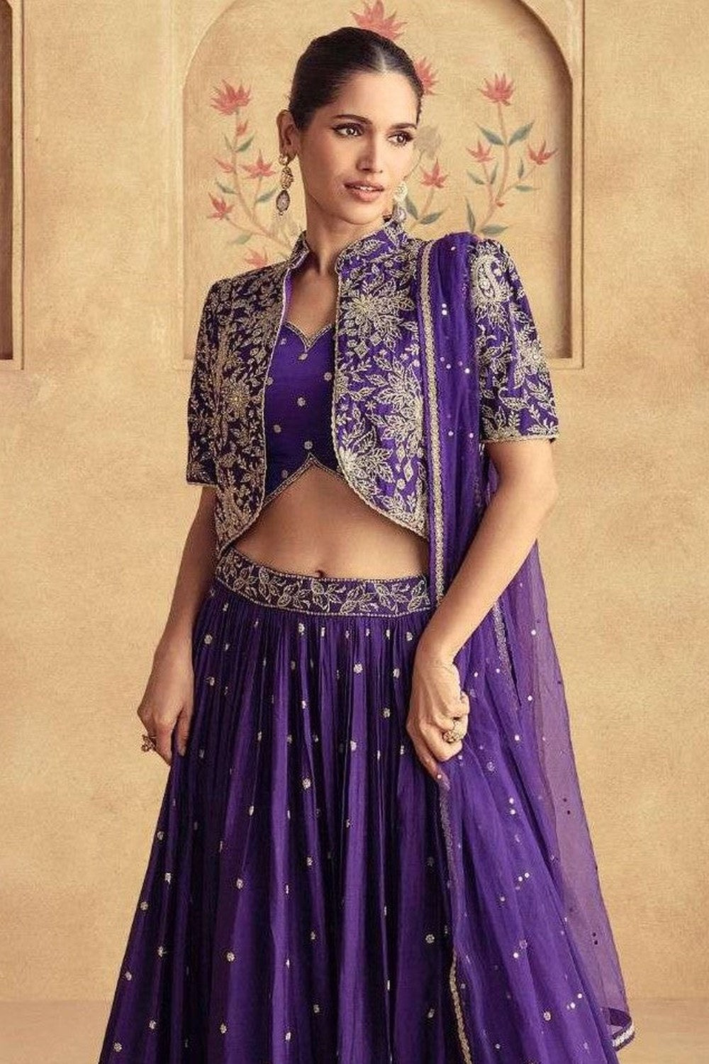 Purple Chinon Silk Wedding Guest Lehenga for Women with Embroidery - close-up view