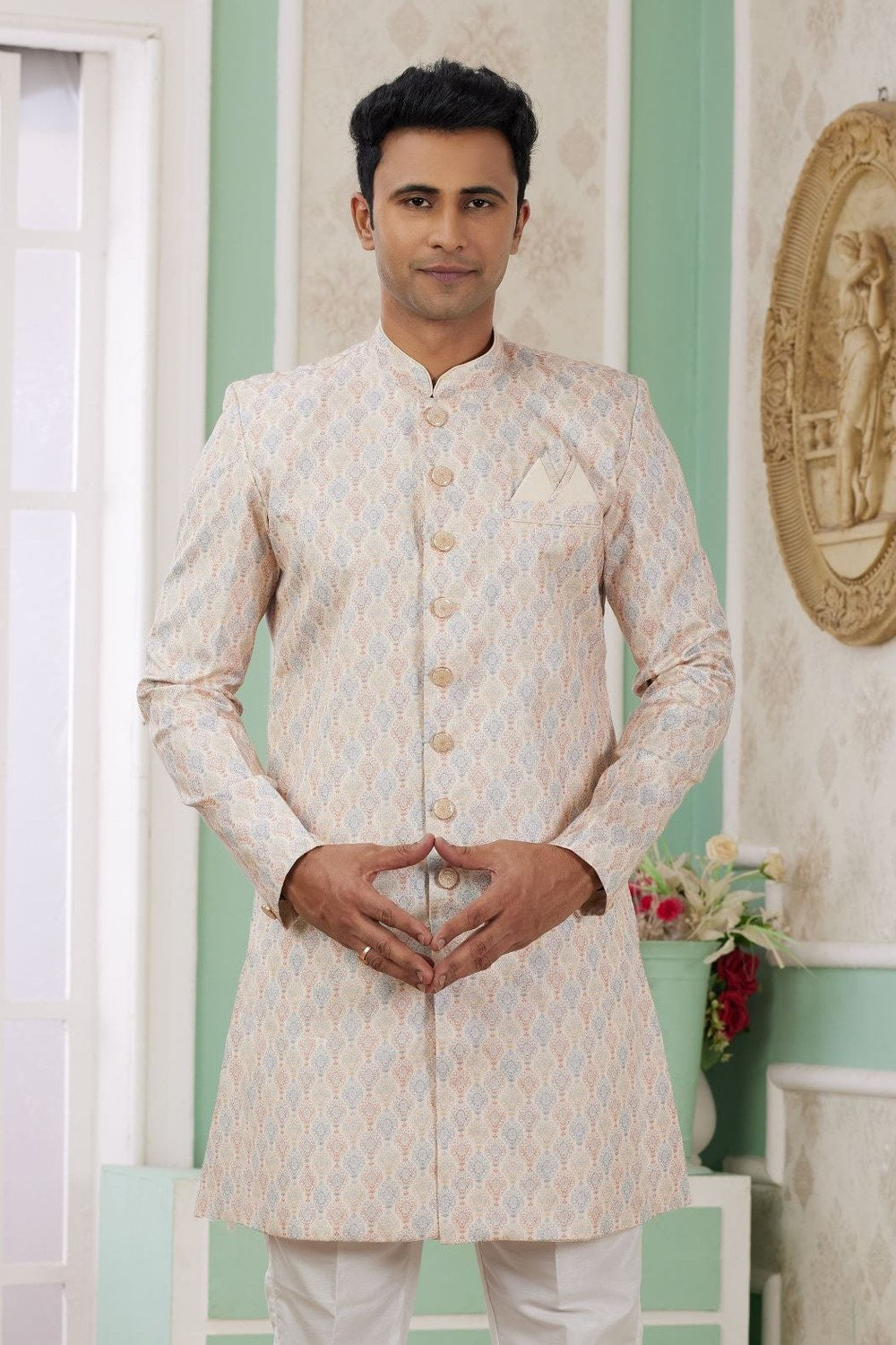 Light Orange Jacquard Silk Indo Western Clothes for Men with Weaving Work - close-up view