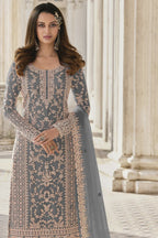 Gray Net Kameez Plazzo Suit For Indian Wedding & Pakistani Festival Dress - Embroidery Work - close-up view