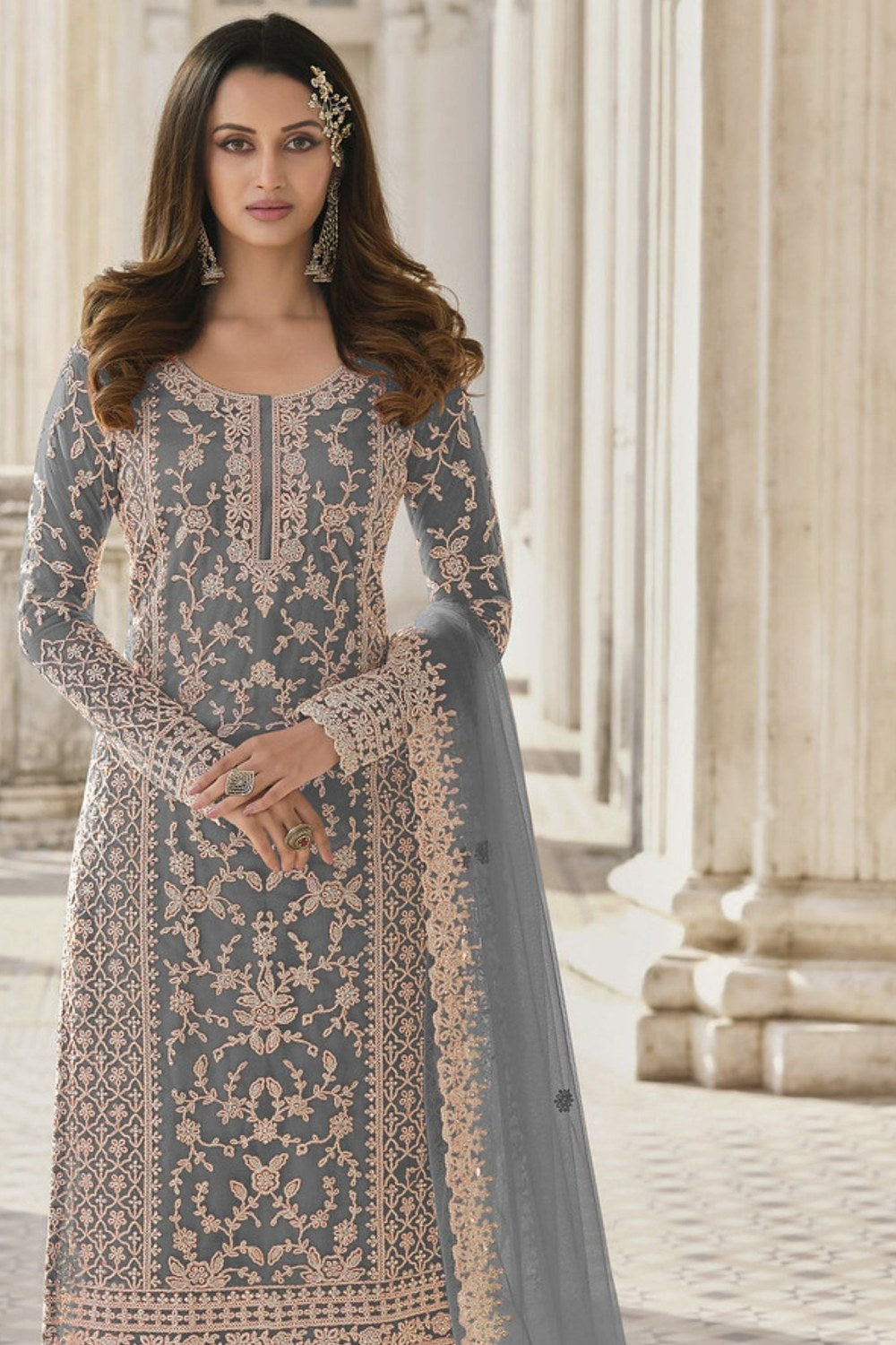 Gray Net Kameez Plazzo Suit For Indian Wedding & Pakistani Festival Dress - Embroidery Work - close-up view