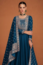 Teal Chinon Silk Anarkali Suit for Indian Wedding Guest Outfits - Thread Embroidery Work RTS - close-up view