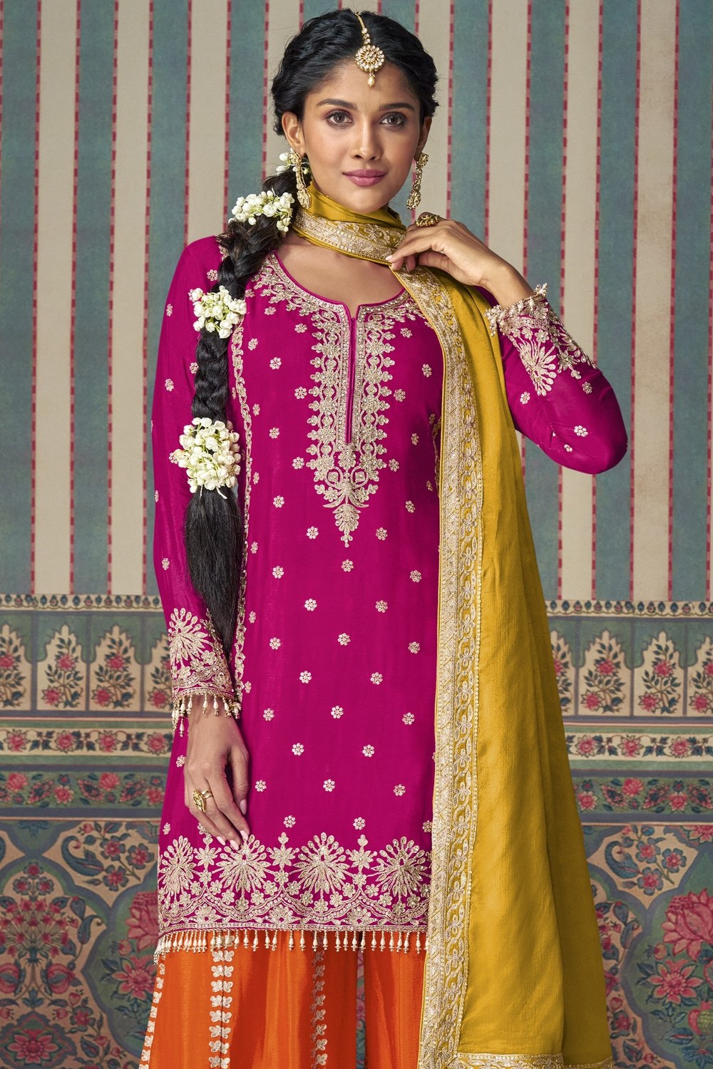 Pink Chinon Silk Plazo Suit For Indian Weddings & Pakistani Festival - Embroidery Work, Mirror Work - close-up view