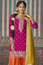Pink Chinon Silk Plazo Suit For Indian Weddings & Pakistani Festival - Embroidery Work, Mirror Work - close-up view