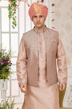 Blush Peach Art Silk Kurta Pajama with Waistcoat Jacket for Men for Festivals & Wedding - Embroidery Work - close-up view