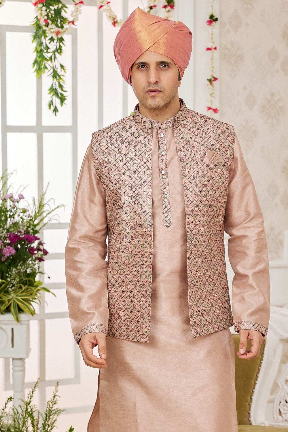 Blush Peach Art Silk Kurta Pajama with Waistcoat Jacket for Men for Festivals & Wedding - Embroidery Work - close-up view