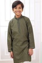 Olive Green Art Silk 2 Piece Kids Wear Boys Suit Long Kurta Pajama for Kids for Festivals & Wedding - Embroidery Work - close-up view