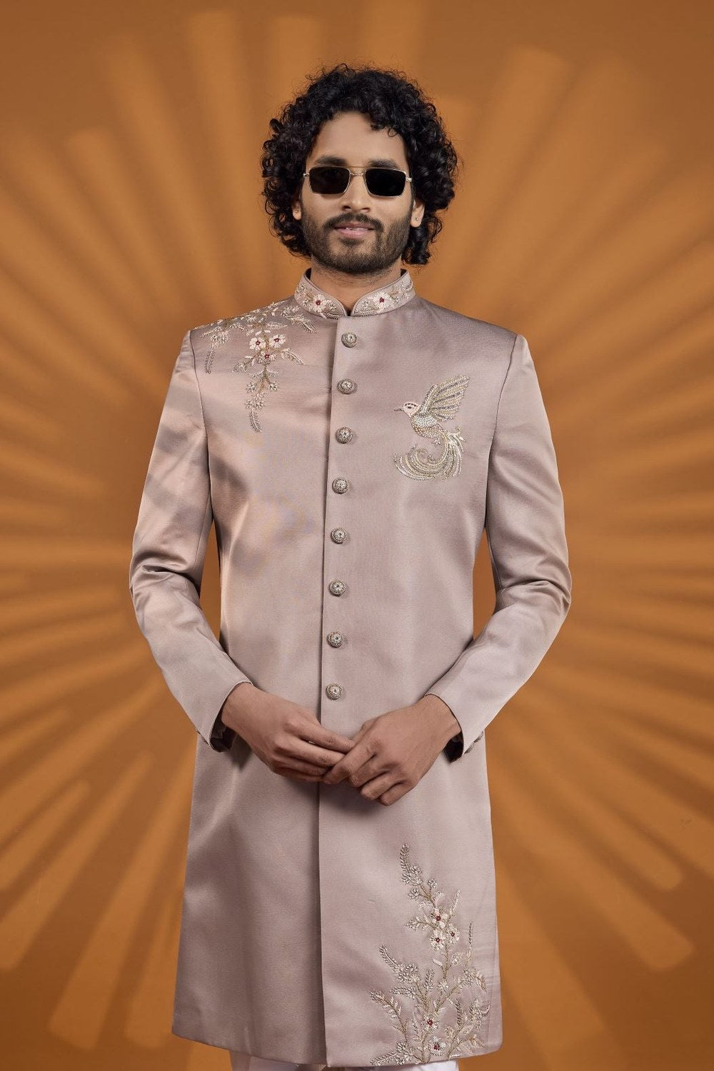 Dusty Rose Art Silk Indian Wedding Attire for Men - Embroidery Kurta Pajama - close-up view