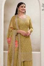 Olive Chinon Silk Palazzo Suit For Indian Festivals & Pakistani Plazo Weddings Dress - Embroidery Work, Print Work - close-up view