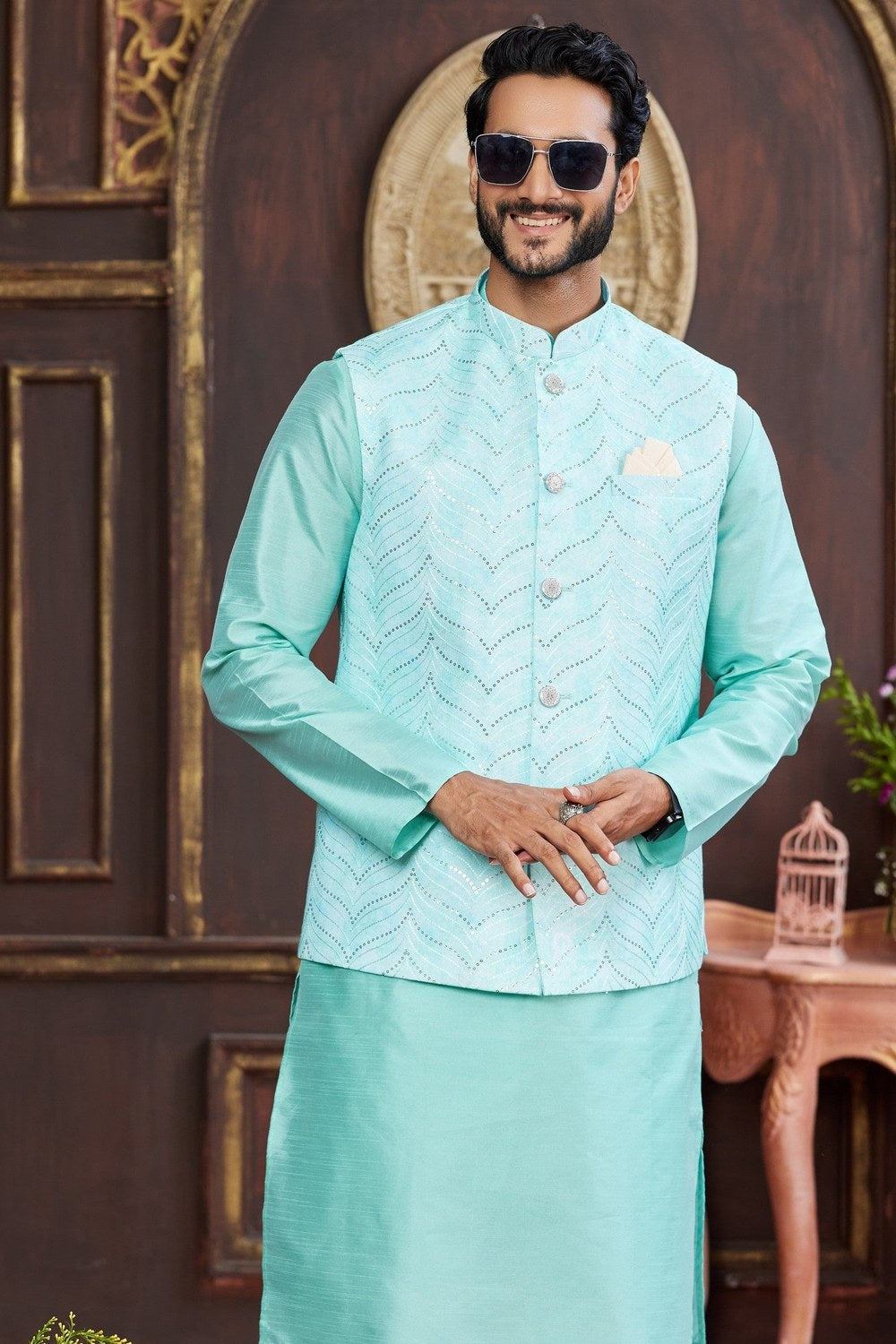 Sky Blue Art Silk Kurta Pajama with Waistcoat Jacket for Men Wedding - Print Work - close-up view