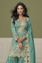 Sky Blue Simmer Silk Kameez With Sharara Suit For Indian & Pakistani Wedding Festival - Embroidery Work - close-up view