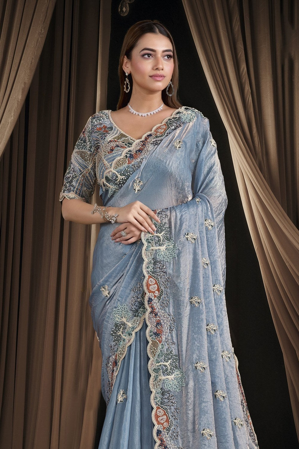 Steel Blue Satin Saree for Wedding Guest with Sequins & Pearl Handwork - close-up view