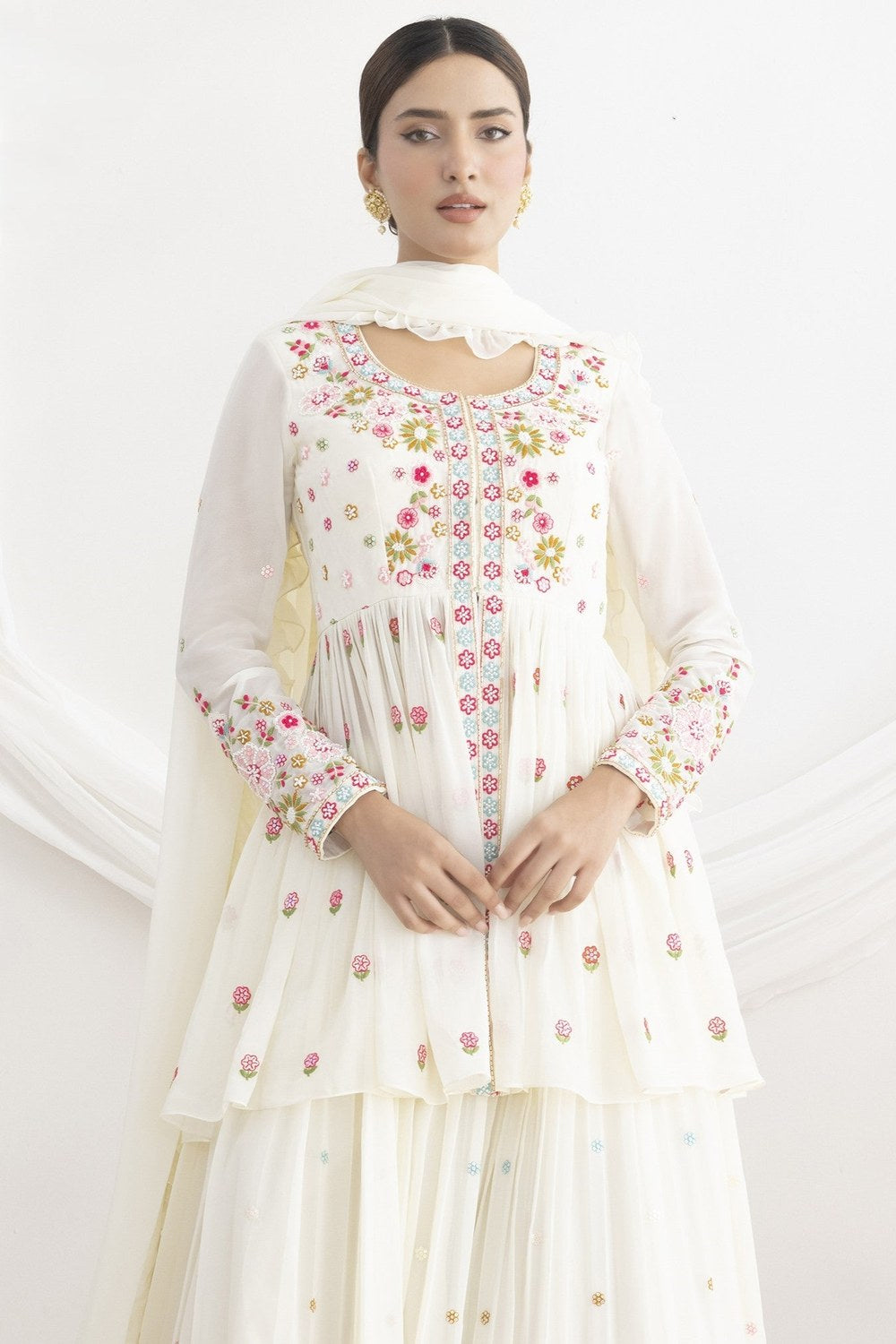 White Floral Embroidery Suit in Georgette Kameez with Skirt - close-up view
