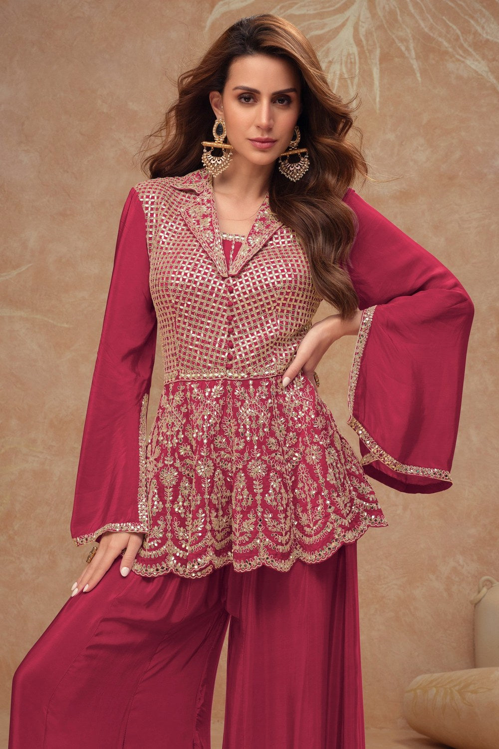 Red Chinon Silk Plazo Suit For Indian Weddings & Pakitani Festivals - Embroidery Work - close-up view