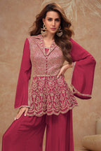 Red Chinon Silk Plazo Suit For Indian Weddings & Pakitani Festivals - Embroidery Work - close-up view