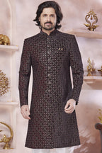 Brown Art Silk Indo Western Traditional Sherwani Long Kurta & Pant Suit for Men for Wedding - Thread Embroidery Work - close-up view