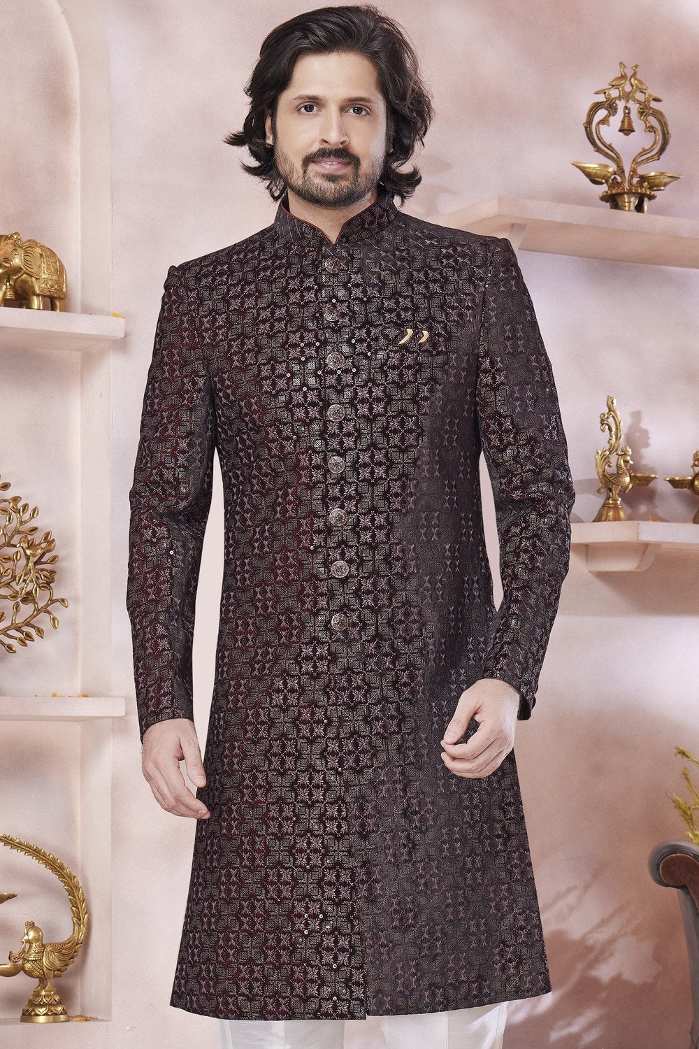 Brown Art Silk Indo Western Traditional Sherwani Long Kurta & Pant Suit for Men for Wedding - Thread Embroidery Work - close-up view