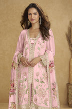 Pastel Pink Chinon Silk Flower Pastel Plazo Suits For Indian & Pakistani Wedding Festival - Sequins & Thread Embroidery Work, Print Work - close-up view
