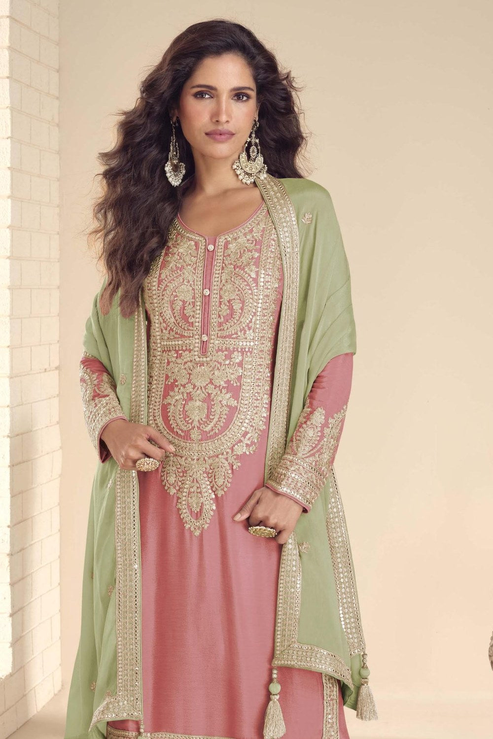 Pink Designer Plazo Suit in Chinon Silk with Dori Embroidery Work - close-up view