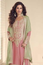 Pink Designer Plazo Suit in Chinon Silk with Dori Embroidery Work - close-up view