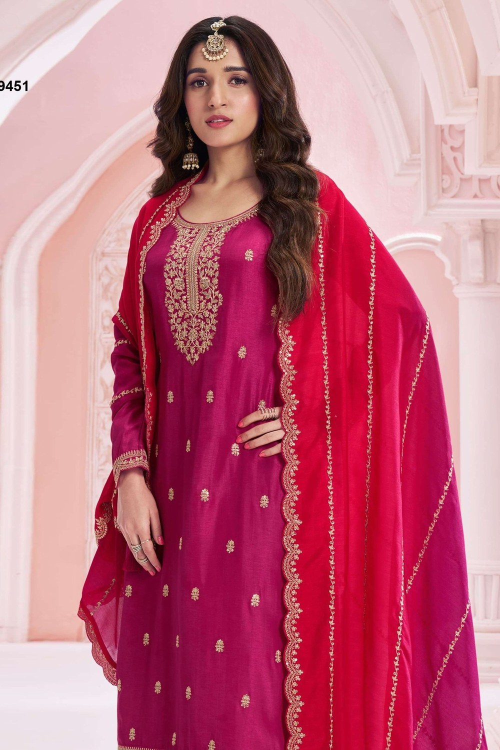 Pink Silk Georgette Festive Wear Clothes Plazo Suit - Embroidery Work - close-up view