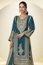 Teal Wedding Outfits: Chinon Silk Sequin Kameez & Pant Set - close-up view