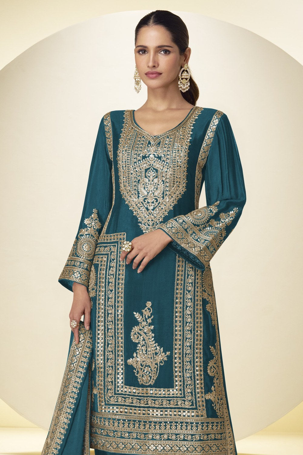Teal Wedding Outfits: Chinon Silk Sequin Kameez & Pant Set - close-up view