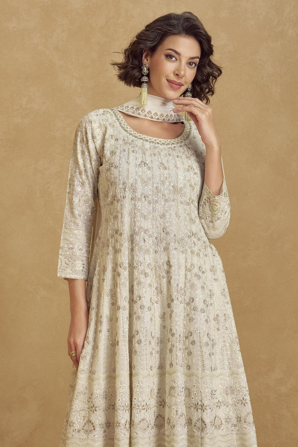 White Georgette Plazo Suit for Indian Wedding - Thread Embroidery Work, Sequence Embroidery Work - close-up view