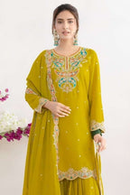 Mustard Yellow Chinon Silk Sharara Suit For Indian & Pakistani Wedding Festival - Sequins & Thread Embroidery Work, Dori Work - close-up view