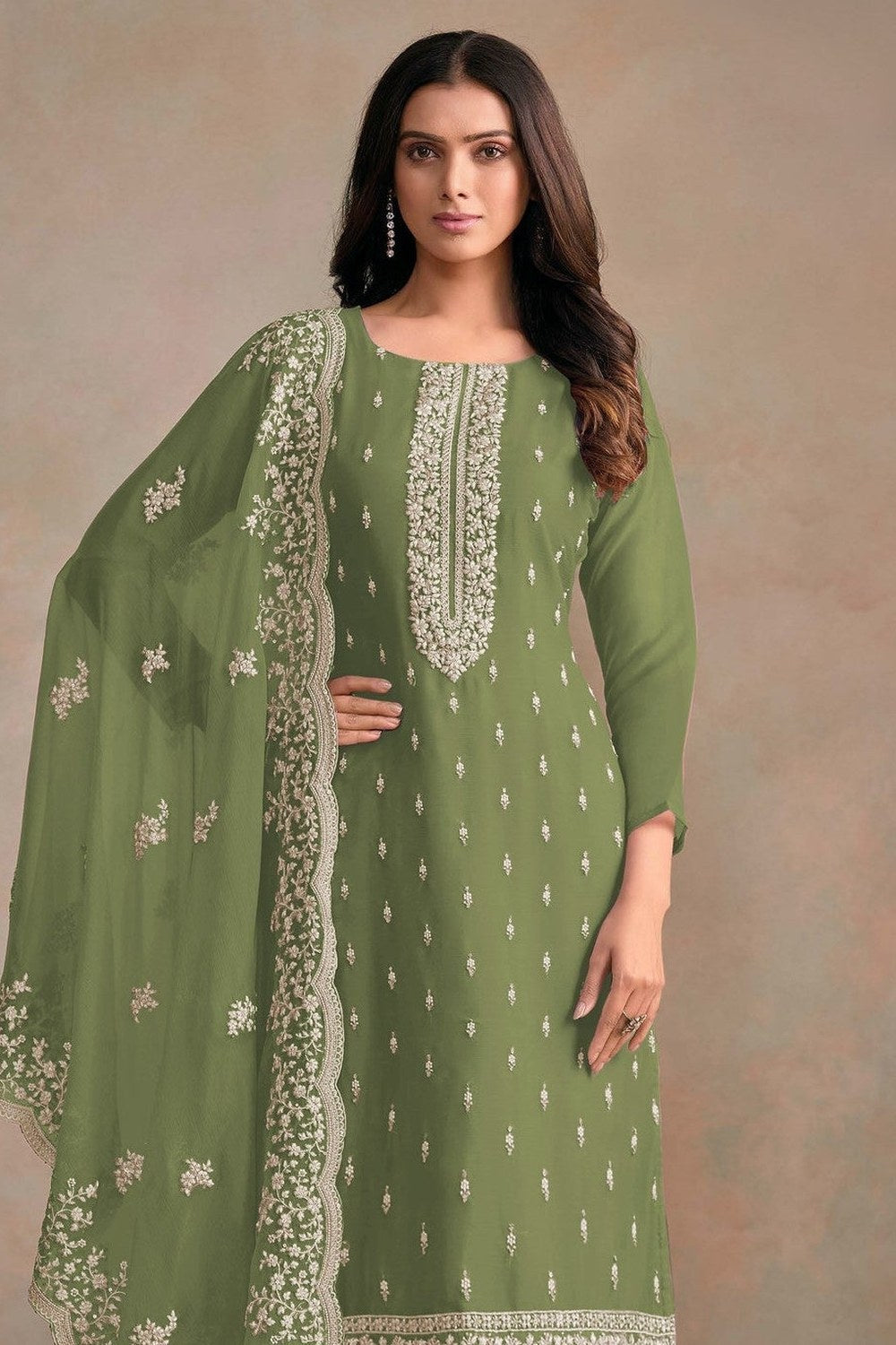 Olive Green Organza Silk Kameez With Pant For Indian & Pakistani Wedding Festival - Embroidery Work - close-up view