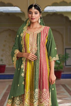 Multicolor Chinon Silk Plazo For Indian Festivals & Weddings - Embroidery Work - close-up view
