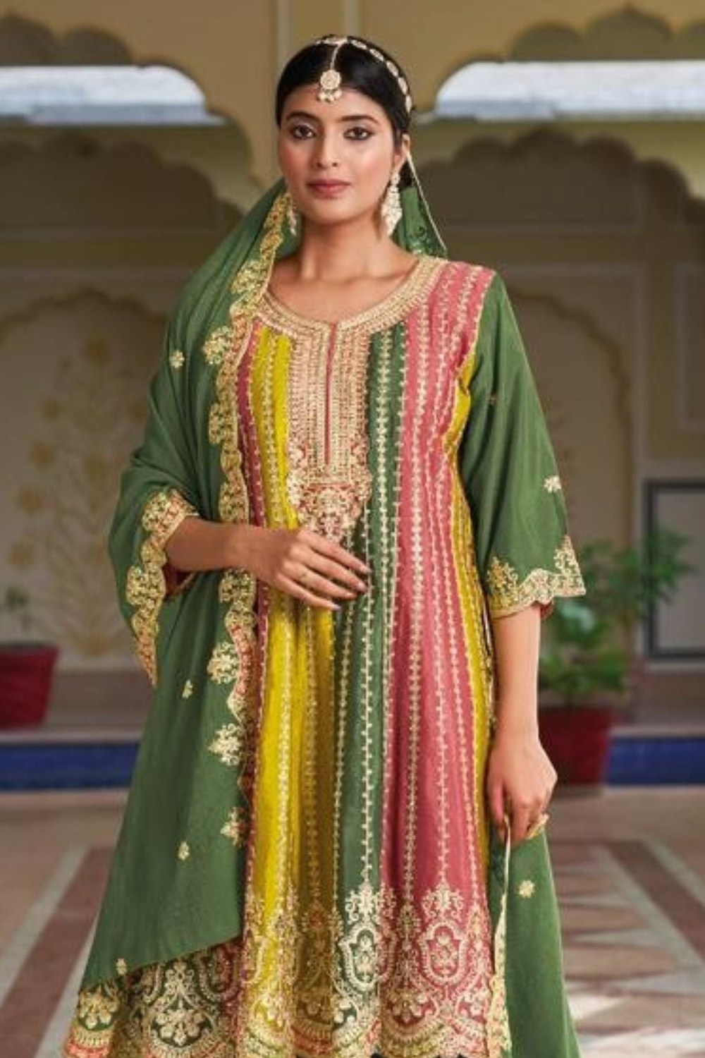 Multicolor Chinon Silk Plazo For Indian Festivals & Weddings - Embroidery Work - close-up view