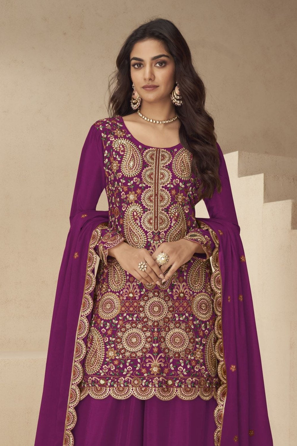 Plum Chinon Silk Plazo Suit for Women with Thread & Sequins Embroidery - close-up view