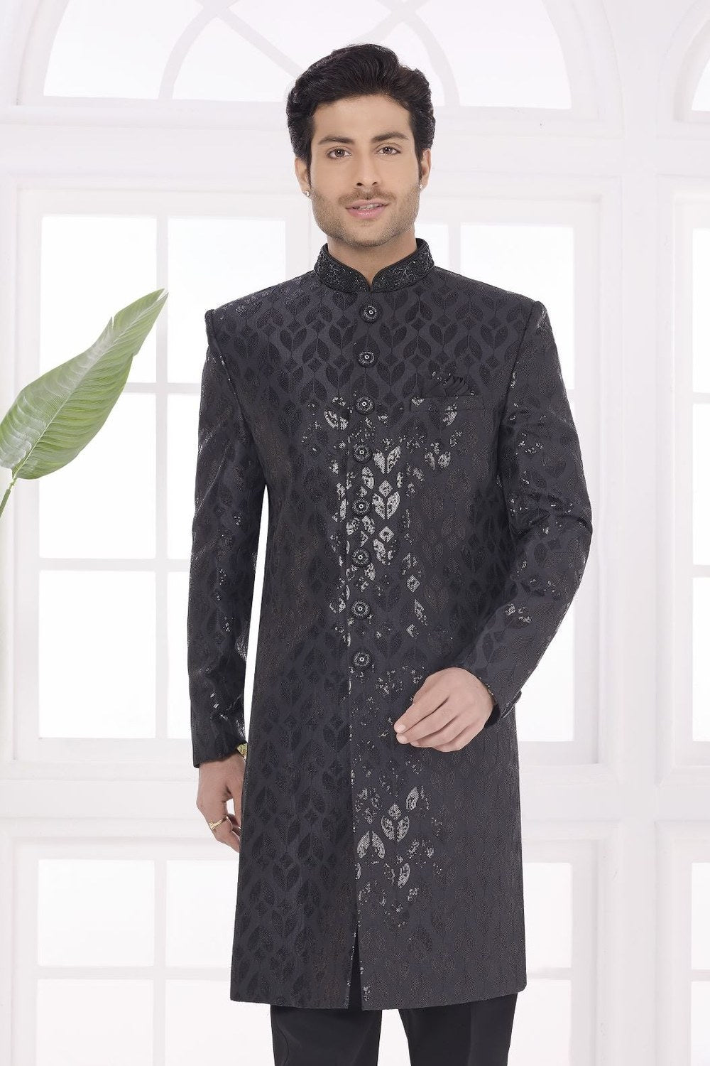 Black Art Silk Sherwani Style Mens Kurta for Wedding & Pajama - close-up view