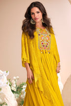 Yellow Chinon Silk Haldi Anarkali Gown for Indian Wedding Gowns - Embroidery Work, Print Work - close-up view