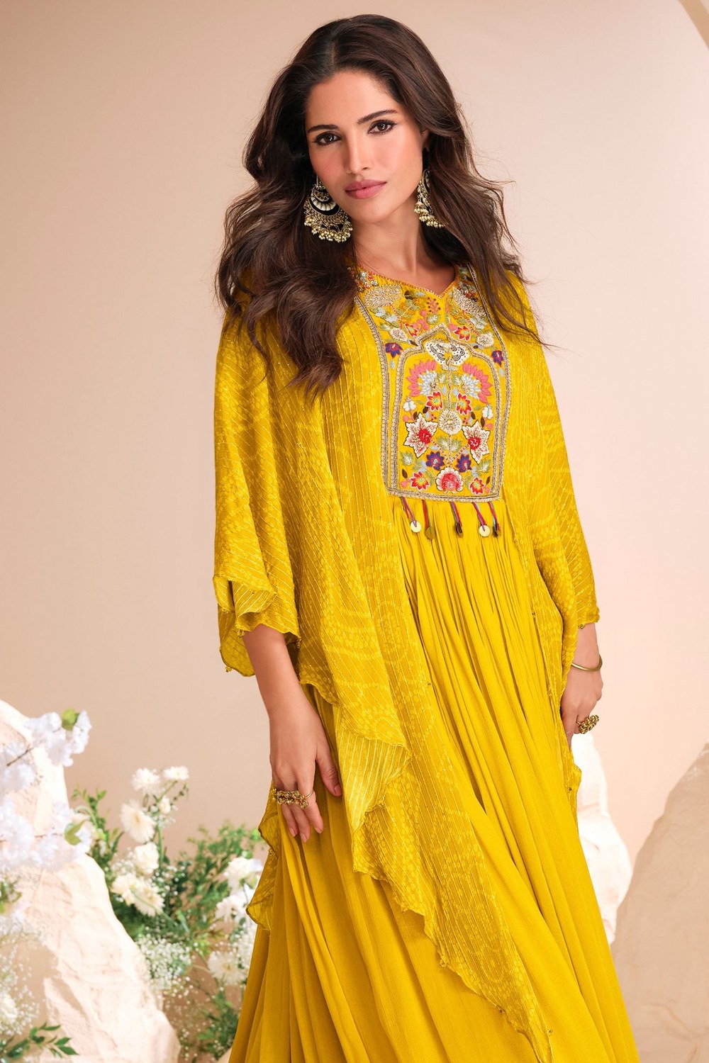 Yellow Chinon Silk Haldi Anarkali Gown for Indian Wedding Gowns - Embroidery Work, Print Work - close-up view