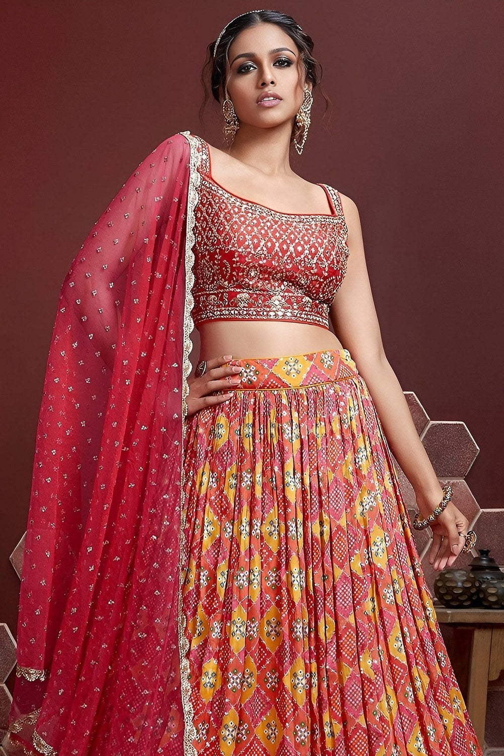 Red Banglori Silk Party Wear Lehenga Choli For Indian & Pakistani Wedding Festival - Embroidery Work, Print Work, Real Mirror Work - close-up view