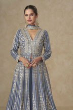 Bluish Grey Chinon Silk Anarkali Suit With Palazzo For Indian & Pakistani Wedding Festival - Sequins & Thread Embroidery Work - close-up view