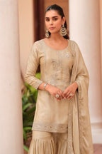 Beige Satin Silk Embroidered Sharara Clothes - close-up view