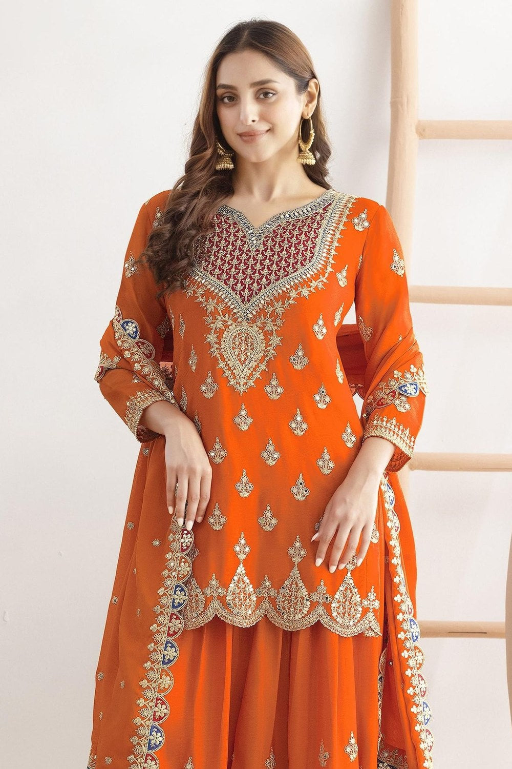 Orange Chinon Silk Plazo Suit For Indian & Pakistani Wedding Festival - Real Mirror Work, Dori Work, Sequins Embroidery Work - close-up view